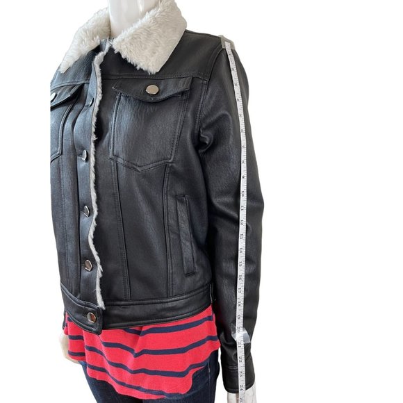 Jou Jou Womens Sherpa Leather Jacket Faux Fur Collar Front Button Black SZ Large - Picture 3 of 7